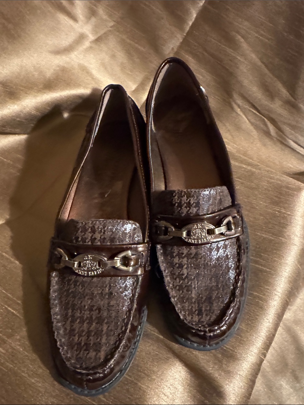 Anne Klein Brown Houndstooth Loafers with Gold Chain Accent